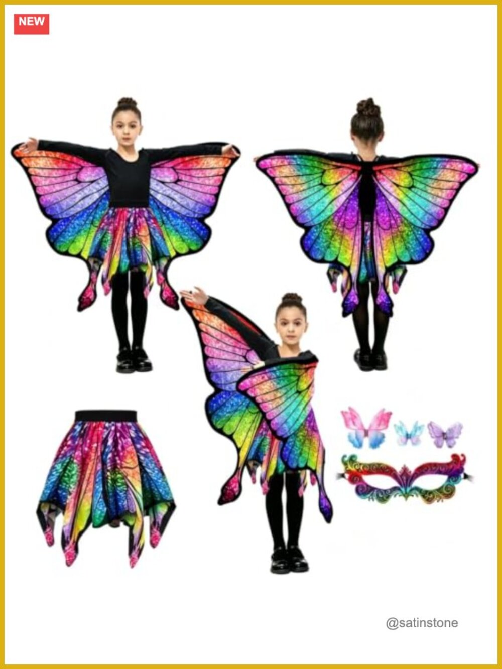 Girls Butterfly Wings Costume Set 3pc Skirt Cape Mask Dress Up